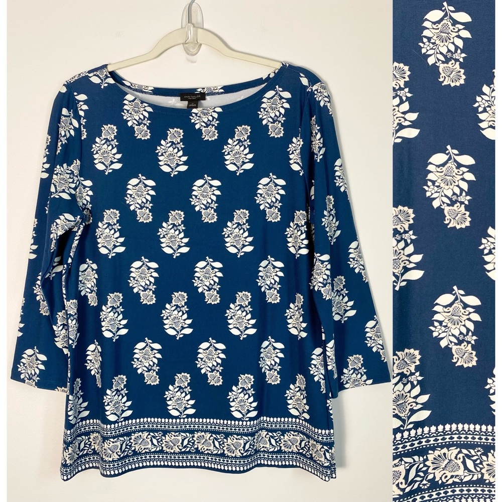Ann Taylor 3/4 Sleeve Floral Blue Ivory Rayon Stretch Shirt Top Size Medium NWT